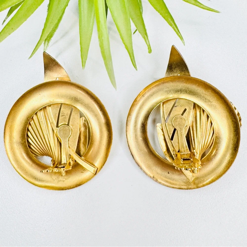 Vintage 80s Art Deco Satin Gold Tone Black Crystal Abstract Leaf Clip Earrings